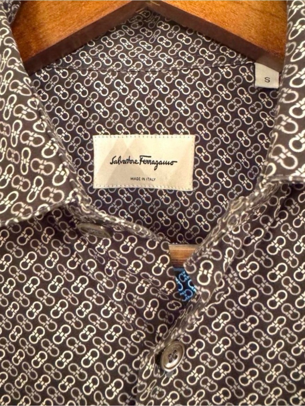 Salvatore Ferragamo Brown Shirt with White Interlocking Pattern